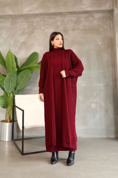 KADIN BOĞAZLI TRİKO ELBİSE VE UZUN HIRKA İKİLİ TAKIM-BORDO