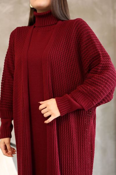 KADIN BOĞAZLI TRİKO ELBİSE VE UZUN HIRKA İKİLİ TAKIM-BORDO