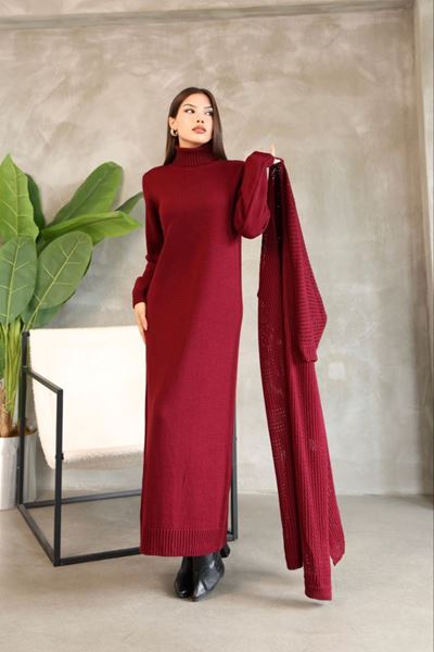 KADIN BOĞAZLI TRİKO ELBİSE VE UZUN HIRKA İKİLİ TAKIM-BORDO
