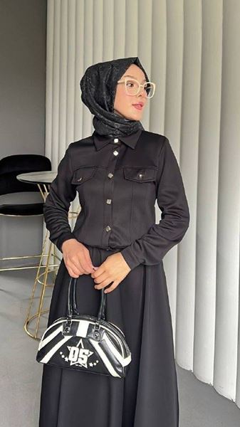 KARE DÜĞMELİ SCUBA CEKETLİ İKİLİ TAKIM- SİYAH