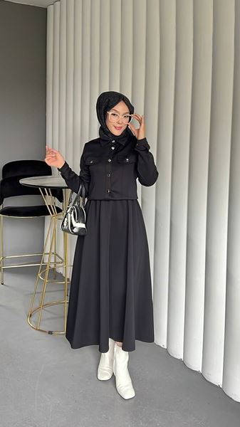 KARE DÜĞMELİ SCUBA CEKETLİ İKİLİ TAKIM- SİYAH