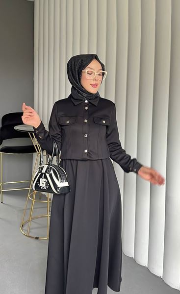 KARE DÜĞMELİ SCUBA CEKETLİ İKİLİ TAKIM- SİYAH