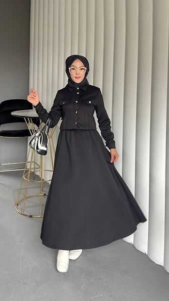 KARE DÜĞMELİ SCUBA CEKETLİ İKİLİ TAKIM- SİYAH