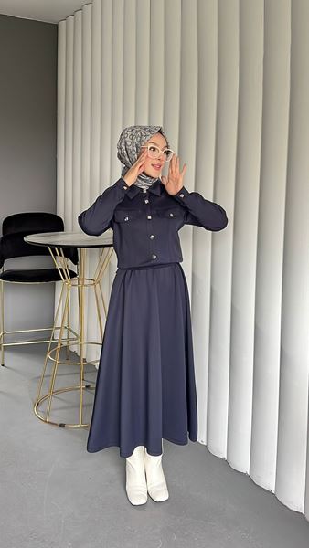 KARE DÜĞMELİ SCUBA CEKETLİ İKİLİ TAKIM- GRİ