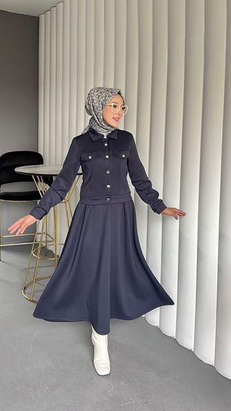 KARE DÜĞMELİ SCUBA CEKETLİ İKİLİ TAKIM- GRİ