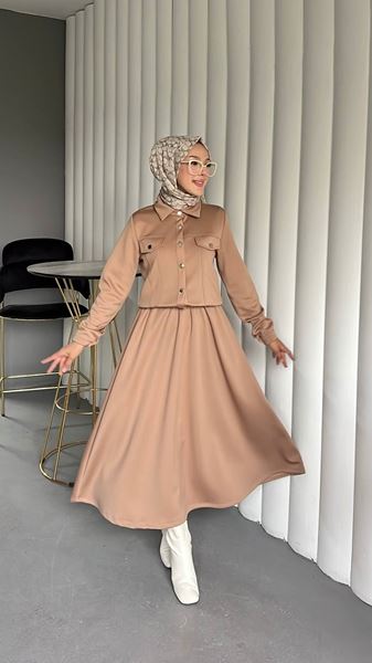 KARE DÜĞMELİ SCUBA CEKETLİ İKİLİ TAKIM- CAMEL