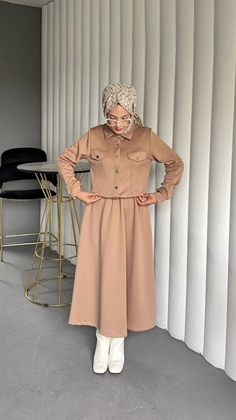 KARE DÜĞMELİ SCUBA CEKETLİ İKİLİ TAKIM- CAMEL