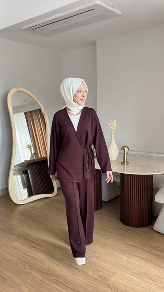 Kadın Yandan Düğmeli Kimonolu Takım- Mürdüm