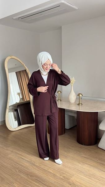 Kadın Yandan Düğmeli Kimonolu Takım- Mürdüm