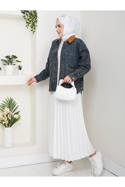 KADİFE YAKALI KOT CEKET KOYU MAVİ- PUL DESENLİ