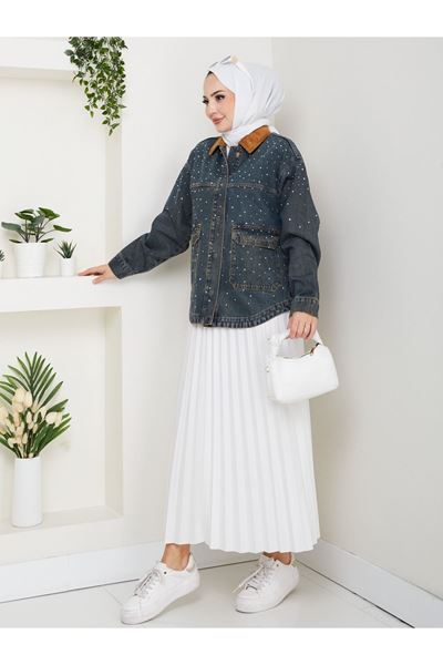 KADİFE YAKALI KOT CEKET KOYU MAVİ- PUL DESENLİ