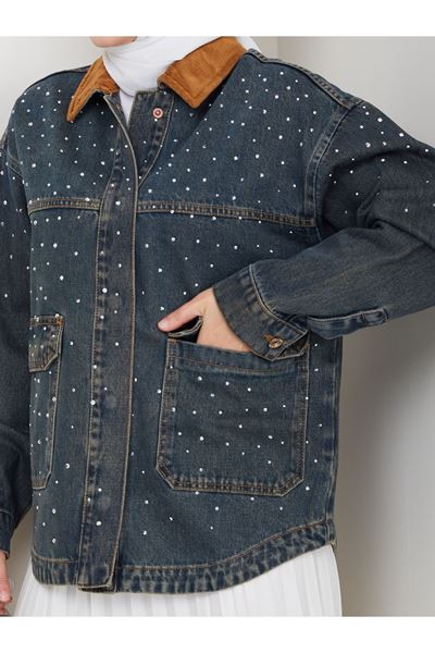 KADİFE YAKALI KOT CEKET KOYU MAVİ- PUL DESENLİ