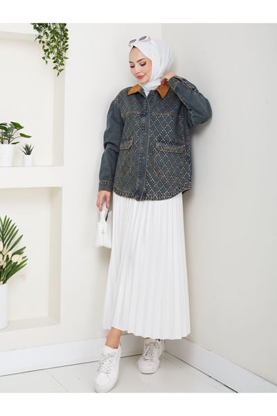 KADİFE YAKALI KOT CEKET KOYU MAVİ- BAKLAVA DESNELİ