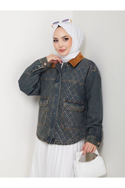 KADİFE YAKALI KOT CEKET KOYU MAVİ- BAKLAVA DESNELİ