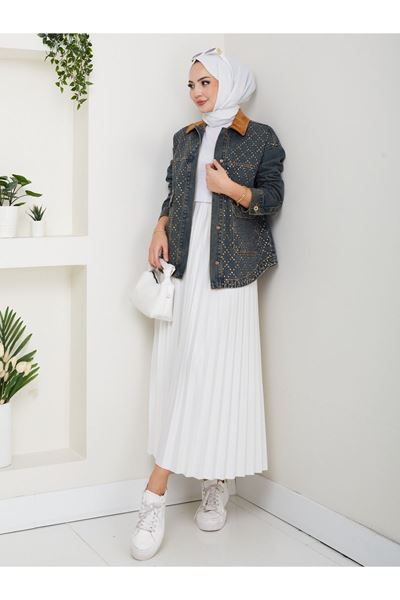 KADİFE YAKALI KOT CEKET KOYU MAVİ- BAKLAVA DESNELİ