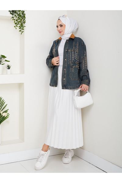 KADİFE YAKALI KOT CEKET KOYU MAVİ- ZİKZAK DESEN