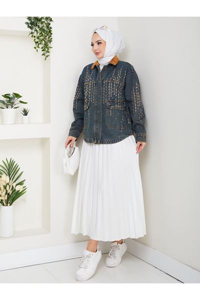 KADİFE YAKALI KOT CEKET KOYU MAVİ- ZİKZAK DESEN