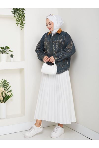 KADİFE YAKALI KOT CEKET KOYU MAVİ- ZİKZAK DESEN