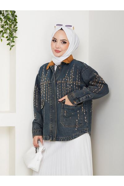 KADİFE YAKALI KOT CEKET KOYU MAVİ- ZİKZAK DESEN