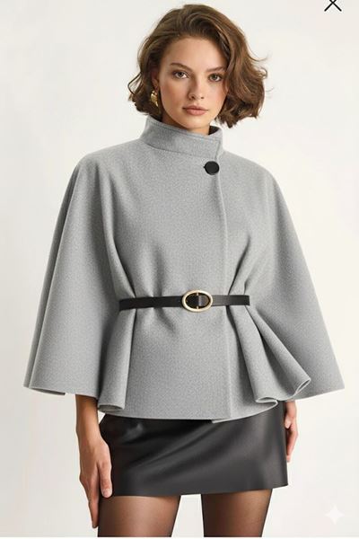 Kadın Kemerli Kaşe Panço- GRİ