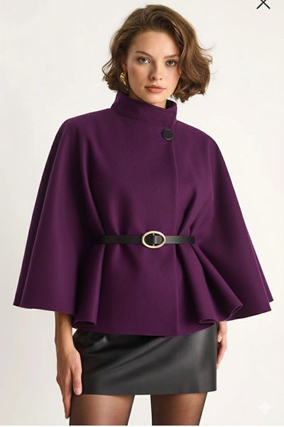 Kadın Kemerli Kaşe Panço- MOR