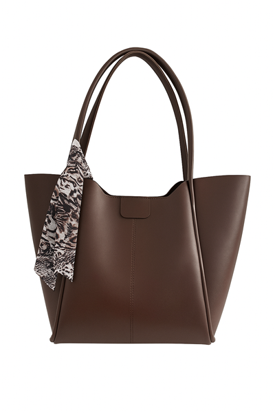 KADIN KAHVERENGİ OMUZ ÇANTASI- FULAR DETAYLI DERİ GÖRÜNÜMLÜ 