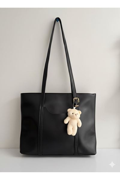 Peluş Ayıcık Askılı Kadın Çanta – Deri Görünümlü Siyah Model