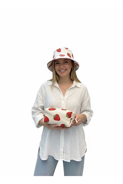 Çilek Desenli Şapka & Makyaj Çantası Seti