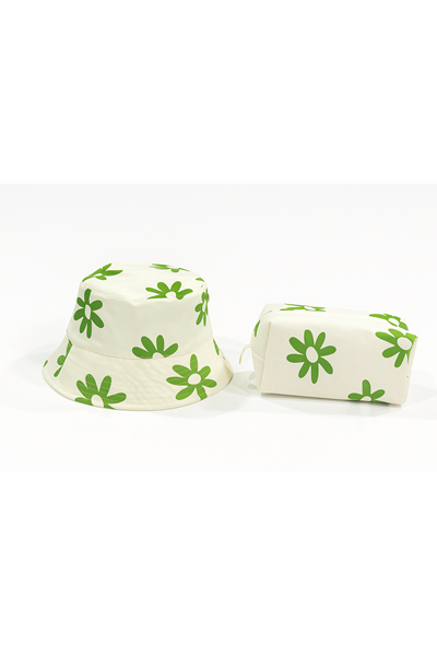 Yeşil Çiçekli Şapka & Makyaj Çantası Seti  