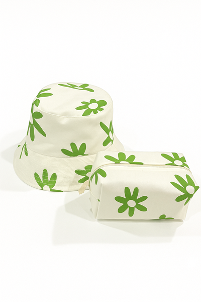 Yeşil Çiçekli Şapka & Makyaj Çantası Seti  