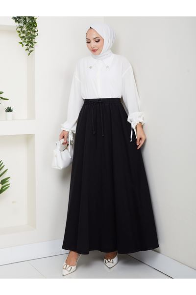 BELİ LASTİKLİ İPLİ KOT KLOŞ ETEK  SİYAH