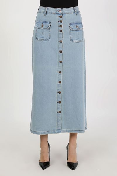 تنورة حجاب زرقاء فاتحة مع منفاخ وأزرار وجيوب