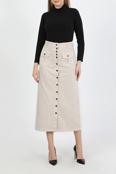 تنورة حجاب بيج فاتح بأزرار وجيب