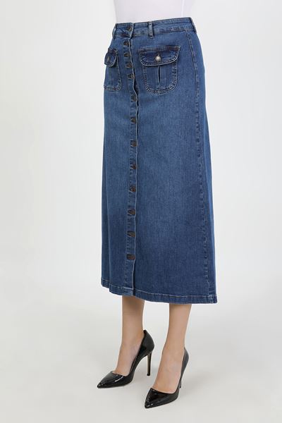 تنورة حجاب زرقاء داكنة مع فتحة أزرار وجيب