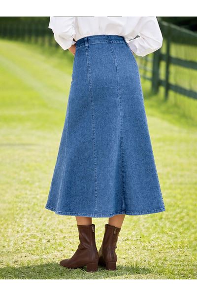 KADIN YÜKSEK BEL DENİM UZUN ETEK- AÇIK MAVİ