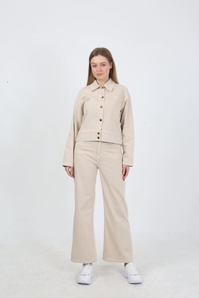 KADIN  JEAN PANTOLON VE CEKET TAKIM- EKRU