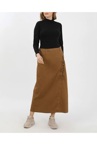 BAĞCIK DETAYLI DENİM ETEK- CAMEL