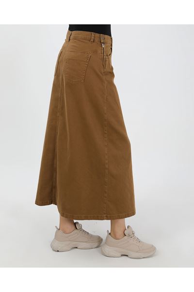 BAĞCIK DETAYLI DENİM ETEK- CAMEL