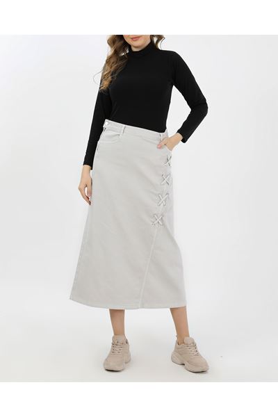 BAĞCIK DETAYLI DENİM ETEK- AÇIK FÜME