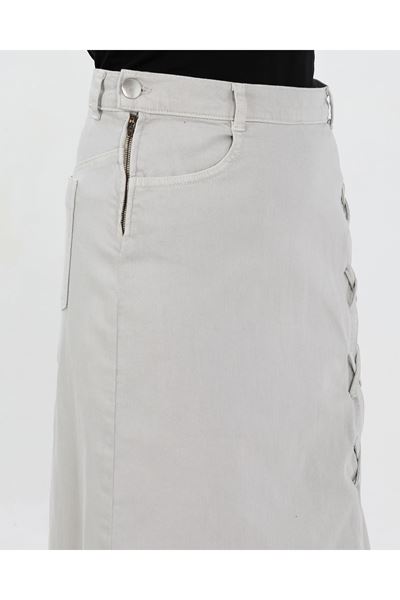 BAĞCIK DETAYLI DENİM ETEK- AÇIK FÜME