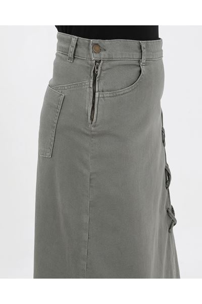 BAĞCIK DETAYLI DENİM ETEK- HAKİ