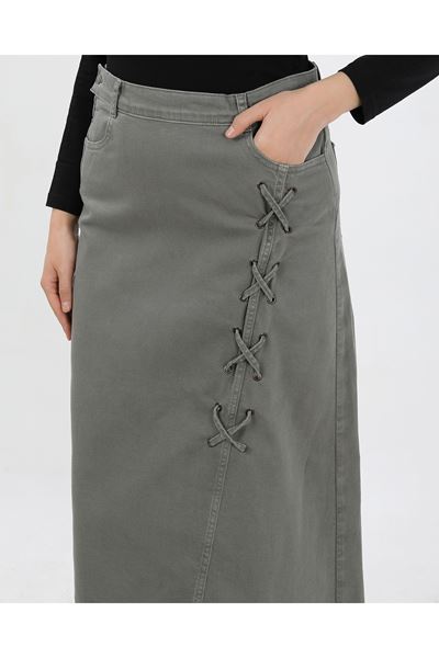 BAĞCIK DETAYLI DENİM ETEK- HAKİ