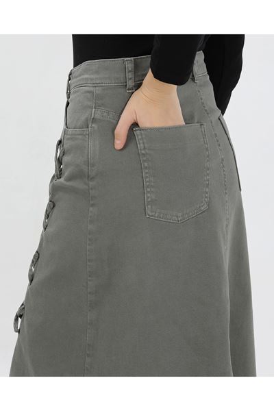 BAĞCIK DETAYLI DENİM ETEK- HAKİ