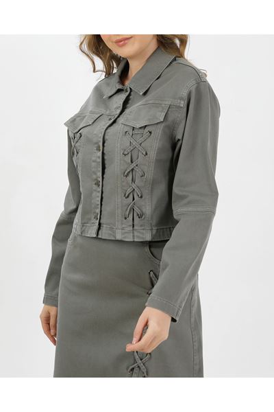 BAĞCIK DETAYLI DENİM CEKET VE ETEK-HAKİ