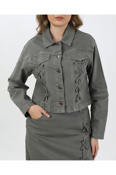 BAĞCIK DETAYLI DENİM CEKET VE ETEK-HAKİ