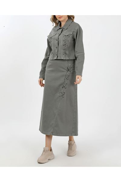 BAĞCIK DETAYLI DENİM CEKET VE ETEK-HAKİ