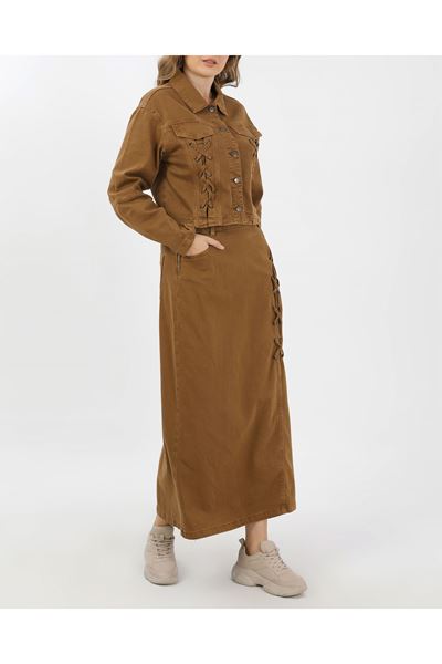 BAĞCIK DETAYLI DENİM CEKET VE ETEK-CAMEL