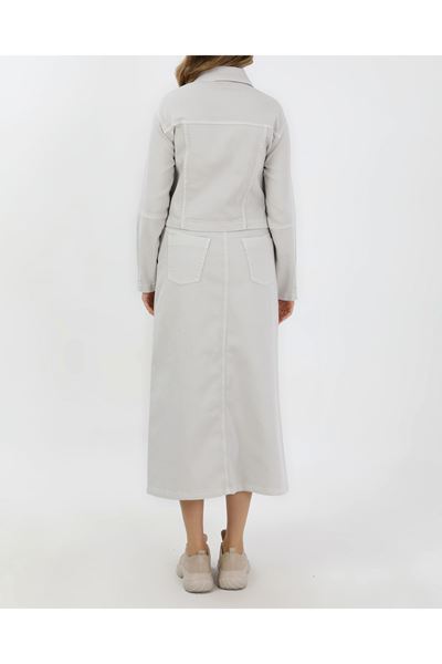 BAĞCIK DETAYLI DENİM CEKET VE ETEK-AÇIK FÜME