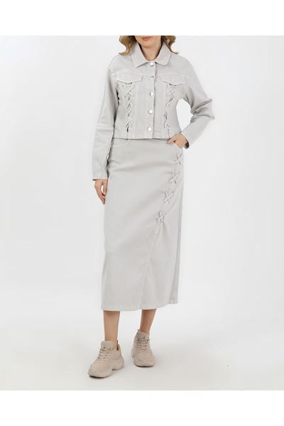 BAĞCIK DETAYLI DENİM CEKET VE ETEK-AÇIK FÜME