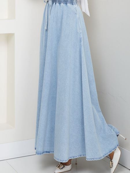 BELİ LASTİKLİ İPLİ KOT KLOŞ ETEK MAVİ